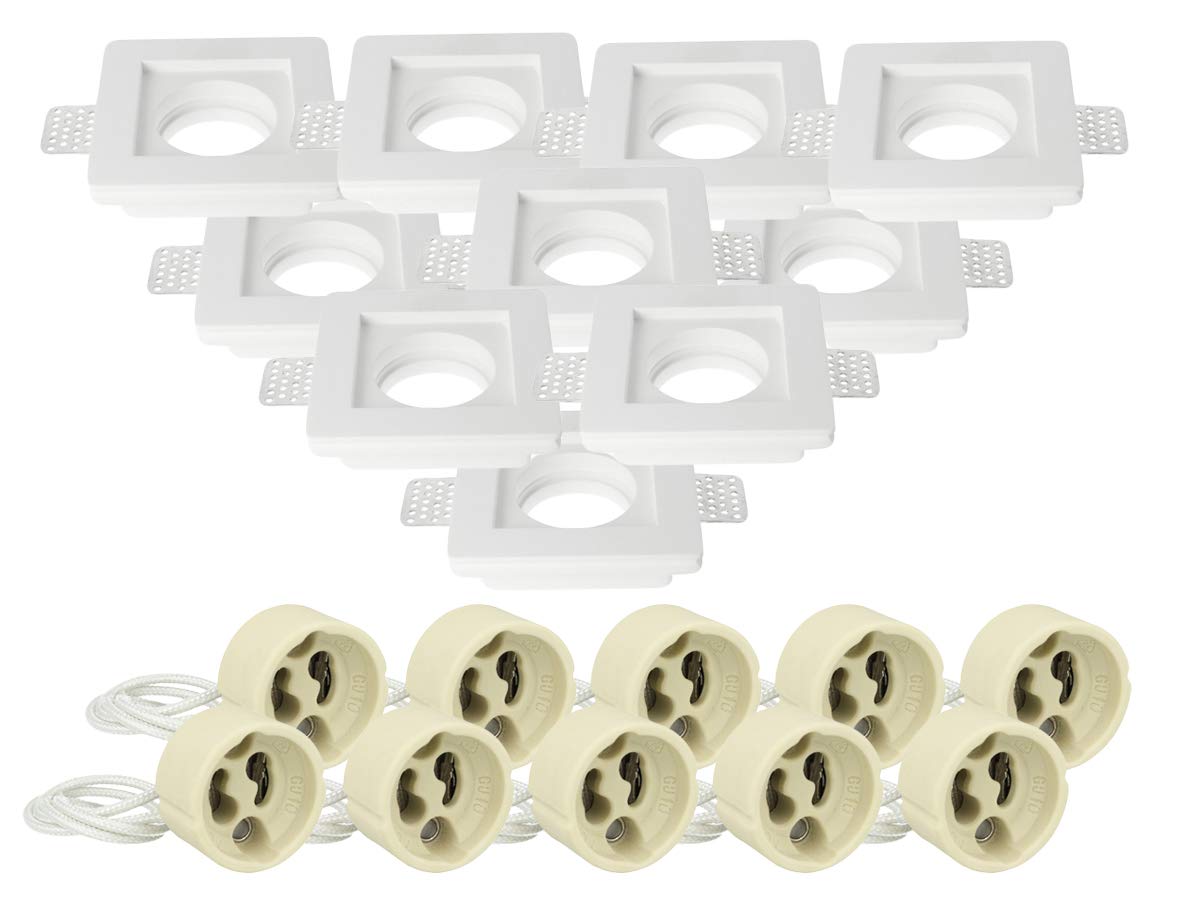 Kit de soporte de foco de yeso de cerámica LEDLUX 10 para portalámparas de techo falso GU10 incluido Color blanco pintable antirrayas (Cuadrado 100X100mm)