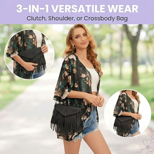 Image of Fringe Crossbody Purse for Women, Vintage Leather Western Boho Purse, Tassel Small Handbag Shoulder Bag