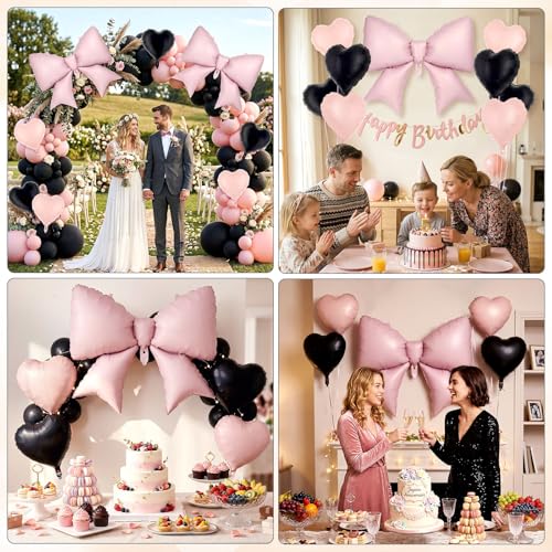 Image of 12 Pcs 18 Inch Heart Balloons and 38 Inch Bow Balloons, Large Foil Bow Heart Balloon Bow Party Decorations for Birthday Baby Shower Valentines Wedding Party