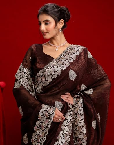 Image of SIRIL Women's Shimmer Chiffon Sequence Embroidery Saree With Unstitched Blouse Piece for Wedding and Parties
