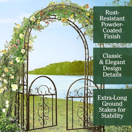 Image of Plow & Hearth Arch Metal Outdoor Garden Arbor Double Gate | Montebello | 7 Feet Tall | Gunmetal Black | Steel Iron Trellis Lattice Climbing Plants & Heavy Vines