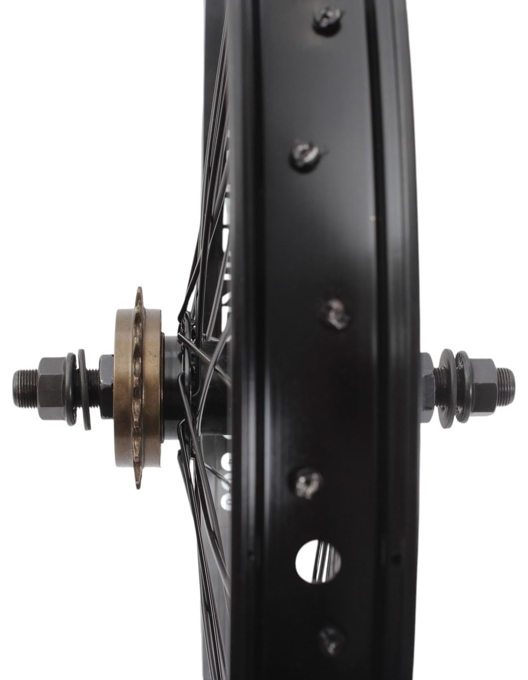 KHE Prism BMX tylne koło 20", czarne, oś 14 mm, zębatka 16T, 36H – 7005, aluminiowa felga 38 mm, rower biegowy BMX z tyłu