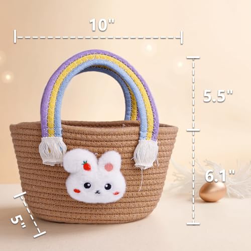 Image of Exun Bunny Basket for Kids, Cute Cotton Tote Bag Hand-Woven Handbag with Rainbow Handles, Easter Egg Hunt Basket Bags for Boys, Girls, Toddler, Babies, Easter gift basket Personalized (Brown)