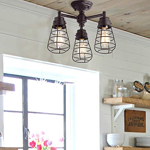 Image of Dazhuan Vintage Metal Cage 3-Light Ceiling Light Chandelier Semi Flush Mount Lamp, Oil Rubbed Bronze