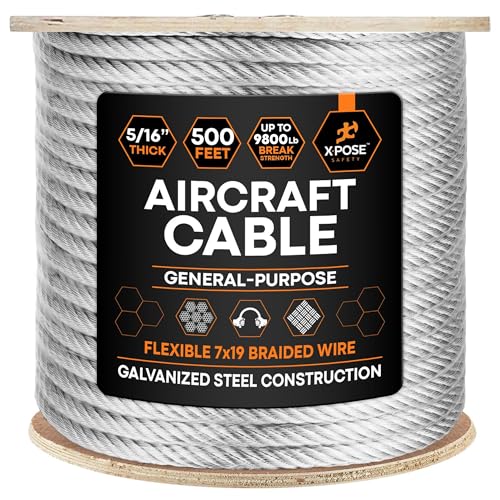 Image of Xpose Safety 5 /16 inch Galvanized Steel Aircraft Cable Wire - 500 ft Reel, 7x19 Strand, 9,800 lb Break Strength - for Pulley System, Winch, Marine, Deck Railing, Fencing, Zipline