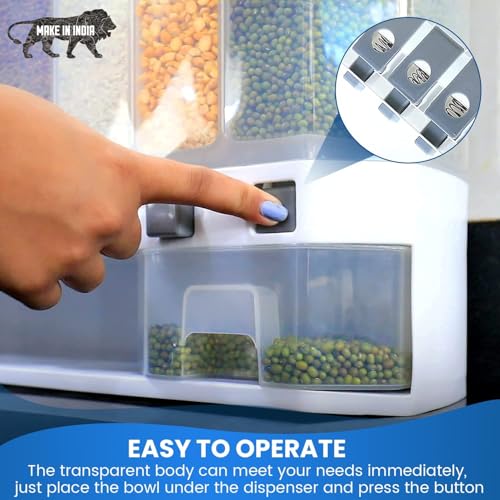 Image of 6 in 1 Wall-Mounted Grain Dispenser For Kitchen Storage Containers Organizers Box for Cereals, Pulses, Multigrain Pulses Dal Grain & Dry Food with Press Flow Control & Measuring Cup | 10 Kgs Capacity