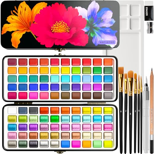 ARTISTRO 100 Watercolor Paint Set, Vivid Colors in Portable Box,