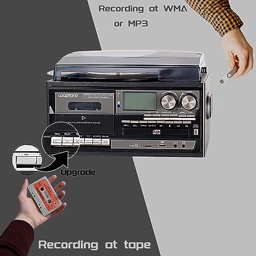 LoopTone Vinyl Record Player 9 in 1 3 Speed Bluetooth Vintage Turntable CD Cassette Player AM/FM Radio USB Recorder Aux-in RCA Line-Out (Black Edition)