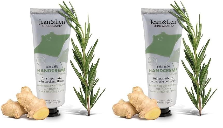 Jean & Len Sehr geile Handcreme Rosemary & Ginger, mit Urea, Handpflege für trockene und rissige Hände, spendet Feuchtigkeit und pflegt intensiv, ohne Parabene und Silikone, Tube, 75 ml