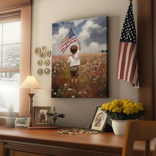 Image of Sunwes Patriotic Memorial Day Wall Art, Little Boy Holding American Flag in Flower Field Print, Inspirational USA Independence Day Framed Poster Oil Painting for Family Room or Entryway 11x14inch