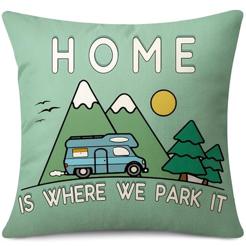 JOTOM Cushion Cover 45x45 cm Motorhome Gadgets Caravan Camping Home is Where We Park it Throw Pillow Cover Campervan Accessories Gift Pillow Case Holiday Couch Bed Sofa Decor (Camping Green)