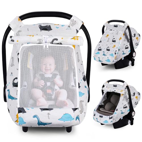 Image of Rquite Car Seat Cover Baby, Carseat Covers Girl Boy, Breathable Muslin Cotton, Large Mesh Window, Infant Car Seat Canopy Baby Carrier Cover Stroller Sun Shade for Summer & Hot Day