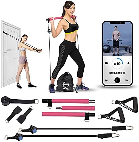 𝗖𝗛𝗔𝗠𝗣𝗬𝗔 𝗣𝗶𝗹𝗮𝘁𝗲𝘀 𝗕𝗮𝗿 𝗞𝗶𝘁 with Resistance Bands, Home Gym Workout Gear, Weight Bands Workout, Full-Body Resistance Training Equipment, Door Anchor Exercises for Muscle Toning.
