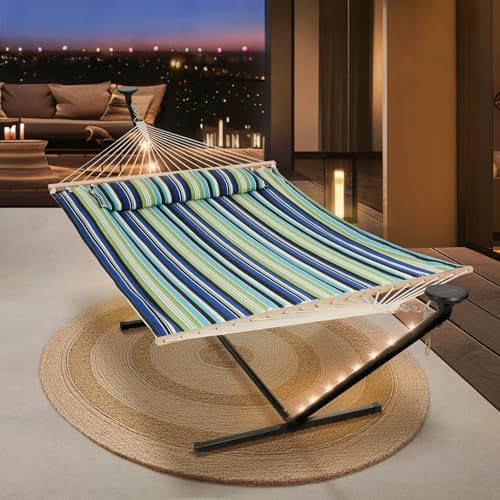 Image of SUNCREAT Hammocks Stand Alone Hammock with Solar Powered Lights, Portable Standing Hammock, Green