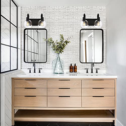 Image of Bathroom Vanity Light with Globe Seeded Glass 2-Lights Industrial Black Wall Sconce Lighting for Foyer Hallway
