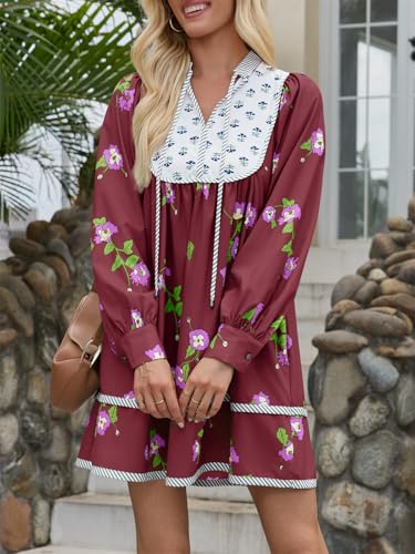 Image of Wenrine Womens Casual Floral Mini Dress Fall Long Sleeve V Neck Patchwork Loose Boho Shirt Dresses