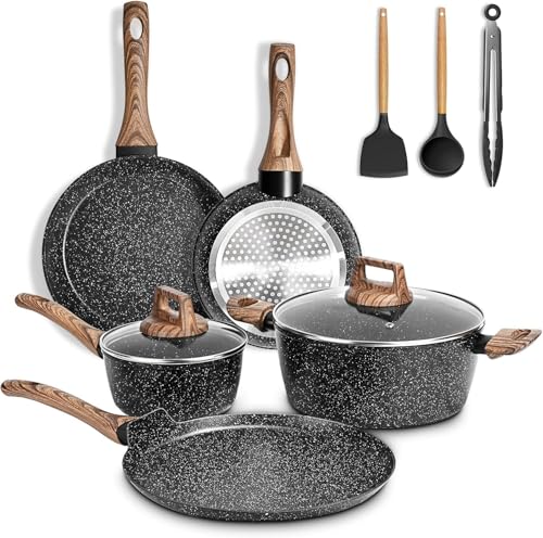 La Mejor Recopilación de Juegos de sartenes y ollas - los más vendidos. 46 Juego de 10 Ollas y Sartenes Antiadherentes, Batería de Cocina, Juego de Utensilios de Granito, Apto para Todas las Estufas, con Sartenes y Cacerolas