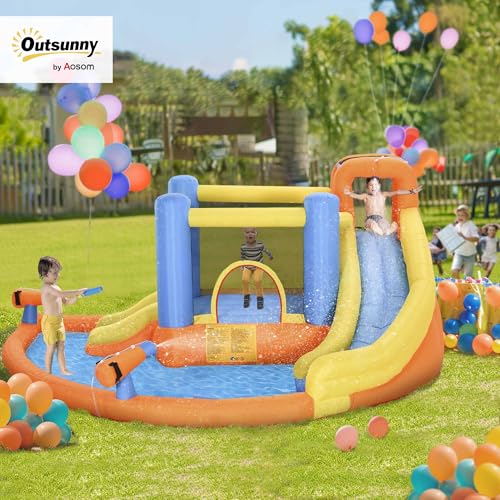 Outsunny Inflatable Water Slide, Kids Bounce House Water Park with Splash Pool, Climbing Wall, Air Pump, Water Cannon, Slide, Trampoline, 5-in-1 Bouncy Castle for Outdoor Backyard Fun with Air Blower