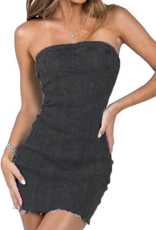 Fronage Women's Sexy Jeans Denim Strapless Dresses Bodycon Corset Tube Mini Dress