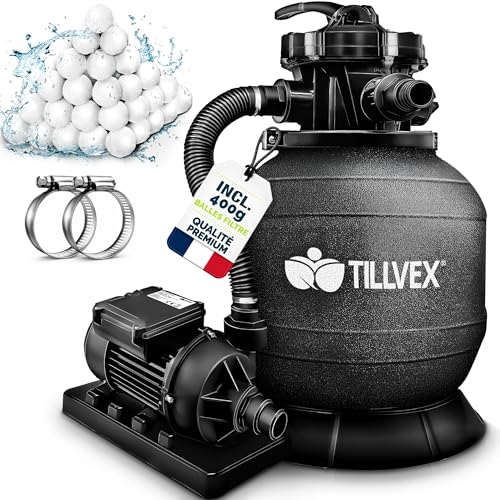 tillvex® Système de Filtre à Sable 7.900L/h + 400g Boules de Filtre | 7 Fonctions de Filtration & Adaptateur 2en1 Ø32-38mm | Filtre de piscine avec...