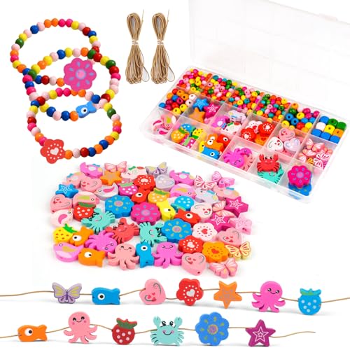 Deepton Holzperlen zum Auffädeln, Holzperlen Bunt, Perlen zum Auffädeln Kinder ab 2 3 4 Jahre, Perlen Set Kinder, Etwa 400 Stück Bastelperlen für DIY Armbänder Schmuck Halsketten