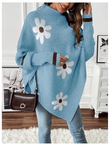 Women's Floral Poncho Sweater Long Sleeve Turtleneck Chunky Oversized Sweater Trendy Fall Winter Pullover Top4