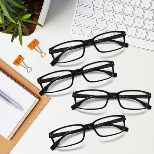 Image of Kerecsen 4 Pack Reading Glasses for Men and Women with Spring Hinges, Lightweight Black Rectangular Readers Eyeglasses (4BLACK, 1.25, x)