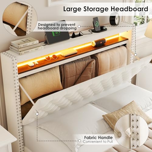 HIFIT Queen Bed Frame with Storage Headboard, Velvet Platform Bed Frame with Drawers & LED - Beige