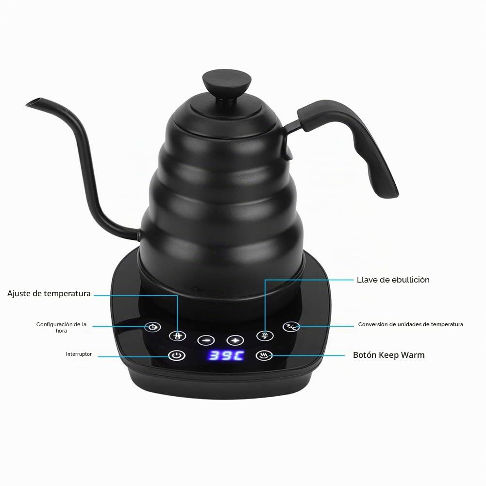 Hervidor de agua eléctrico de cuello de cisne, hervidor de café y té de acero inoxidable de 1.2 L hervido con un clic de 1000 W pantalla digital LED control de temperatura variable cronómetro de p