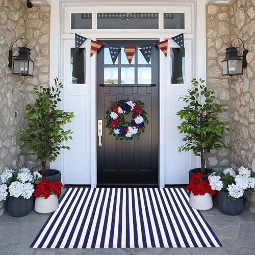 CAINANEL Blue and White Striped Rug 4th of July Door Mat 27.5x43 Summer Front Porch Rug Independence Day Welcome Doormats for Farmhouse Entrance Porch Outdoors Decor(Blue and White 27.5x43)