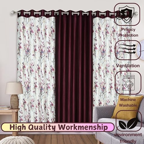 Image of 6 Feet Polyester Floral Light Filtering Window Curtains for Living Room, Bedroom & Dining Room, Eyelet Top, Wine Printed and Solid Plain Curtain Set of 3