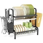 niffgaff 2 Tier Black Dish Drainer Rack, Stainless Steel Drying Rack Kitchen, Drainers Draining Board with Drip Tray, Rust Proof Large Washing Up Sink