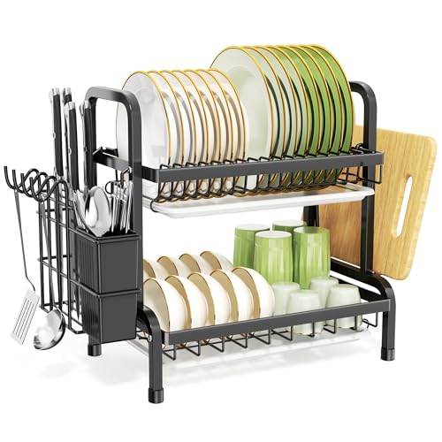 niffgaff Egoutoire Vaisselle Cuisine Noir, 2 Étages INOX avec Égouttoir Et Support pour Couverts, Planche À Découper sur Évier, Égouttoir À Vaisselle...