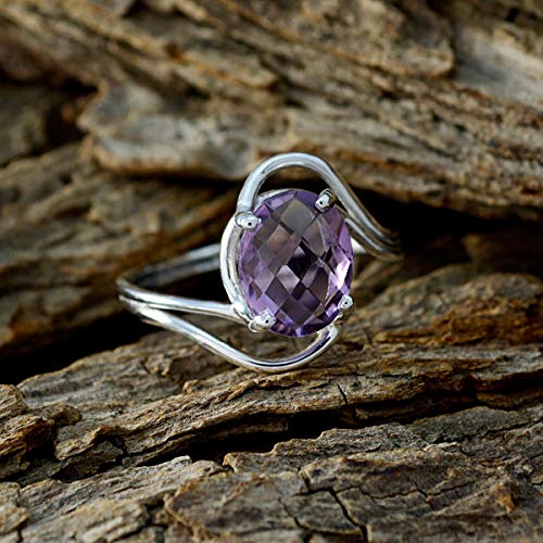 Image of Real Gemstones Oval Shape One Stone cheker Amethyst rings-925 Silver Purple Amethyst Ring-February Birth Aquarius Astrology Real Gemstones Ring SRAMECH-3171-4 us