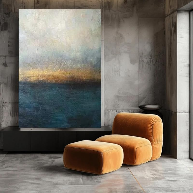 Peinture abstraite paysage bleu beige doré vert 90x130cm grand format sans cadre
