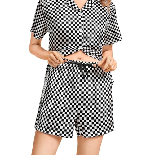 Image of Funny Pajamas for Women Set Print Satin Loungewear Pjs Short Sleeve Button Down Top and Shorts Sets Sleepwear XS-3XL