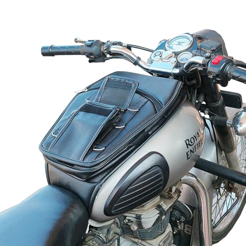 Image of Leatherette Scratch Proof Tank Cover| Tank Bag Compatible for Royal Enfield Classic /Electra /Bullet /Standard, Mobile Pocket with Zippered Compartment and Metal Rings Tank Cover - Black