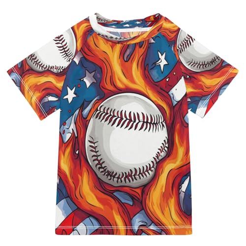 Boys Short Sleeve T-Shirts Baseball Fire America Ball Rashguard Kids Swim Shirts Sun UPF 50+