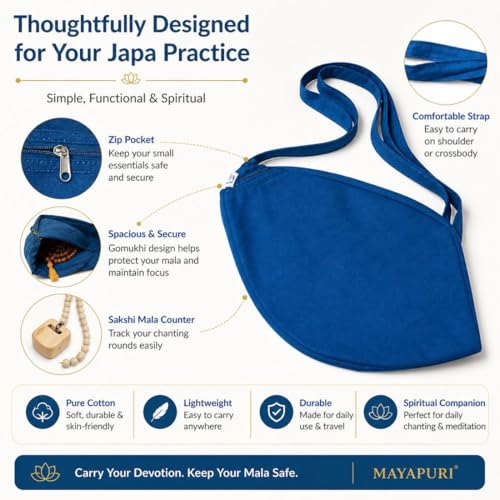 Image of Original Pure Cotton Gomukhi Japa Mala Bag /Chanting Bag or Beads Bag /Jholi /Thole with Zip Pocket and Sakshi Mala Counter (Blue)