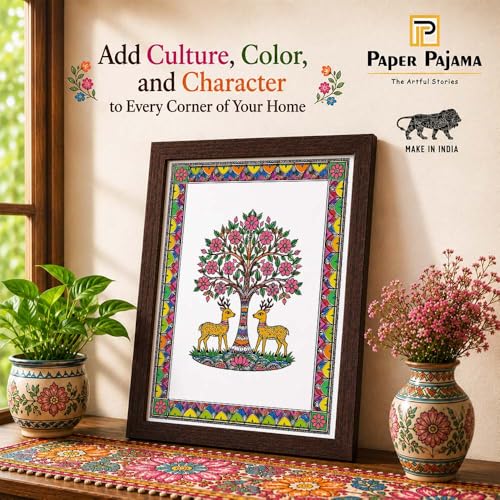 Image of PAPER PAJAMA Deer Pair Under Tree Wall Art for Living Room | Madhubani Tree of Life Painting | Traditional Mithila Folk Art Framed Decor for Home, Bedroom & Office (10x13 Inches)