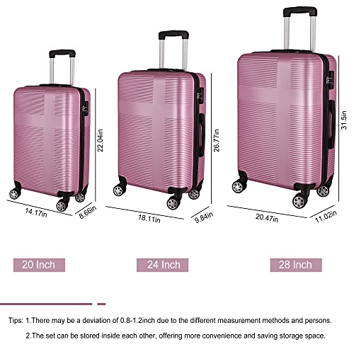 3 Piece Luggage with TSA Lock ABS, Durable Luggage Set, Lightweight Suitcase with Hooks, Spinner Wheels Cross Stripe Luggage Sets 20in/24in/28in Shipping from US warehouse (pink)3