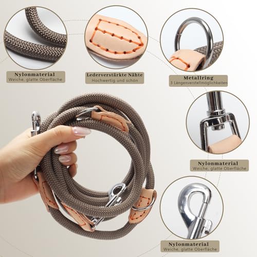 Hundeleine für Mittelgroße & Große Hunde, Multifunktionsleine Führleine für Hunde 2.1m Verstellbare mit 2 Karabiner, Robuste Nylon Dog Leash, Schleppleine Doppelleine für 2hunde (Beige, 1cm x 2.1m)