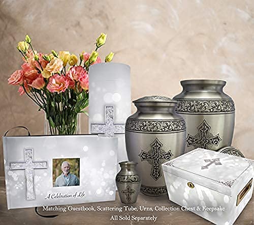 Image of Silver Cross Cremation Urn for Ashes Adult Male - Personalized Urn for Ashes for Women Decorative Urns - Beautifully Handcrafted Cross Urn