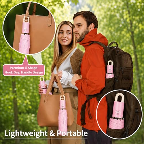 Image of AYSIS UV Umbrella with Novelty Clip Handle, Travel Umbrellas for Rain and Sun Windproof Compact, Automatic Open Close, 8 Ribs, Portable Umbrella for Men and Women