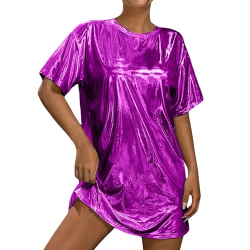 Image of Women's Metallic Dress Loose Short Sleeve Crewneck Party Top T-Shirt Dress(Purple, XL)