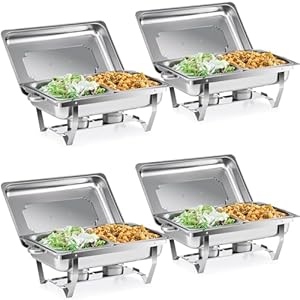 Chafing Dish Buffet Set, 4 Pack 8 qt Chafers for Catering with 8 Half Size Food Pans Fuel Holders 4 Lids Foldable Frames, Stainless Steel Food Warmers for Parties Buffets Banquets Dinners