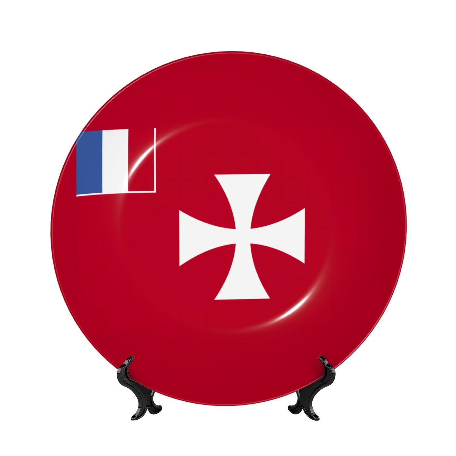 SXZVVBN Flag of Wallis and Futuna Islands Bone China Decorative Plate Art with Stand Removable Adhesive Hanging for Home Office 7in