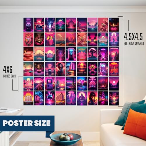 Image of Wallgasm Retro Synth Aesthetic Poster Set - 54 Mini Posters, 4 x 6 Inches for Bedroom, Living Room & Office Decor