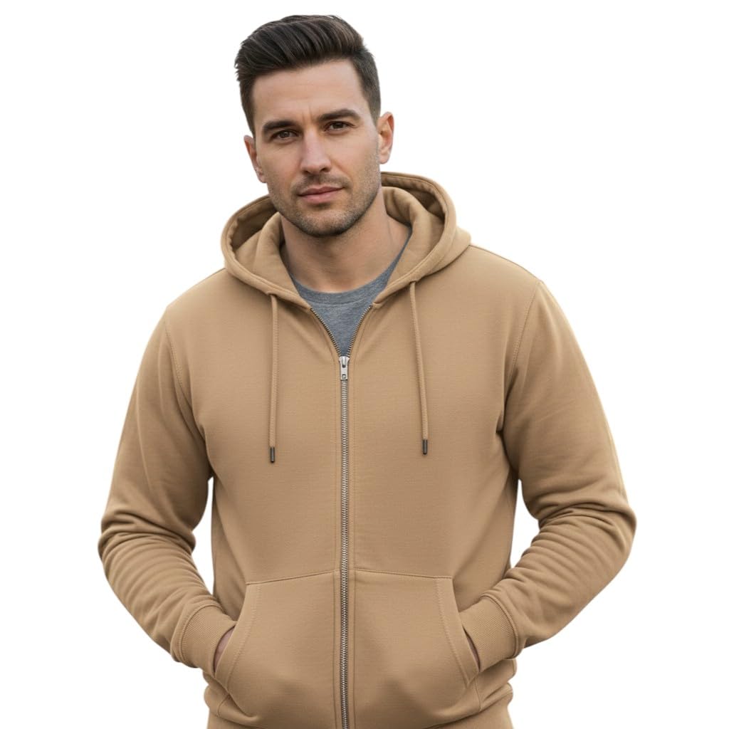 Men's Fleece Pullover Full Zipper Hoodie with Kangaroo Pocket, Long Sleeve, Black Beige Lavender, Regular Fit-image-32
