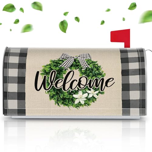 Image of Tiamon Summer Plaid Mailbox Covers Magnetic Eucalyptus Welcome Letter Box Wrap Standard Size 21x18 Inch Spring Wreath Mailbox Decor Plaid Post Box Decoration for Outdoor Garden Yard